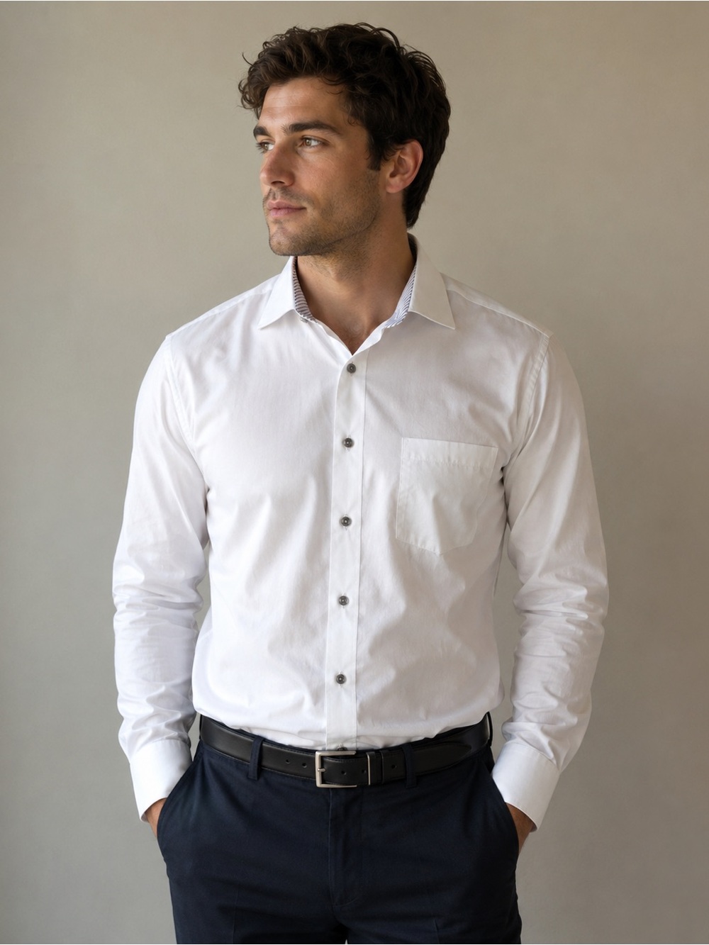 Egara 100% Egyptian Cotton White Button-Up Dress Shirt 16.5 / 32-33 (Slim Fit)